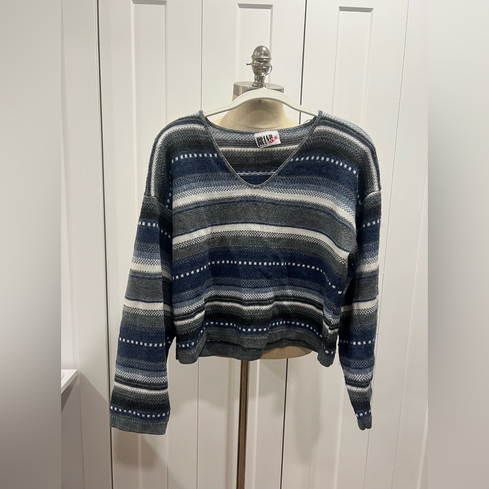 90s Vintage Blue, White, and Grey Stripped Cropped Sweater by Brand New Made USA